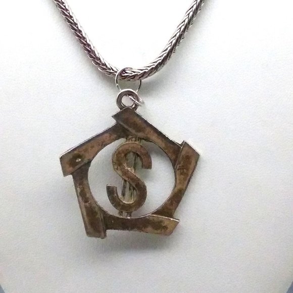 Distressed Vintage Dollar Sign Pendant Necklace, Fun Money on Silver Tone Chunky - Picture 2 of 4